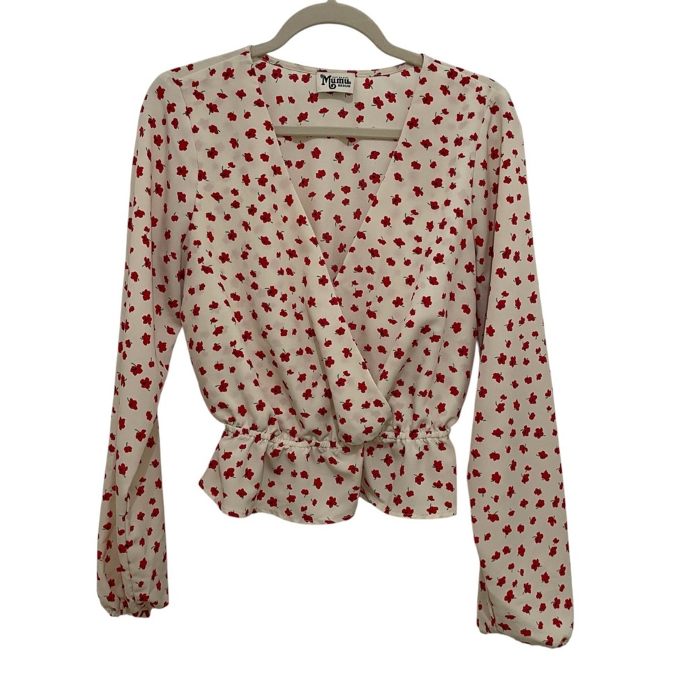 Show Me Your Mumu Wrap Top Women Medium Cream Red Floral Long Sleeve Blouse